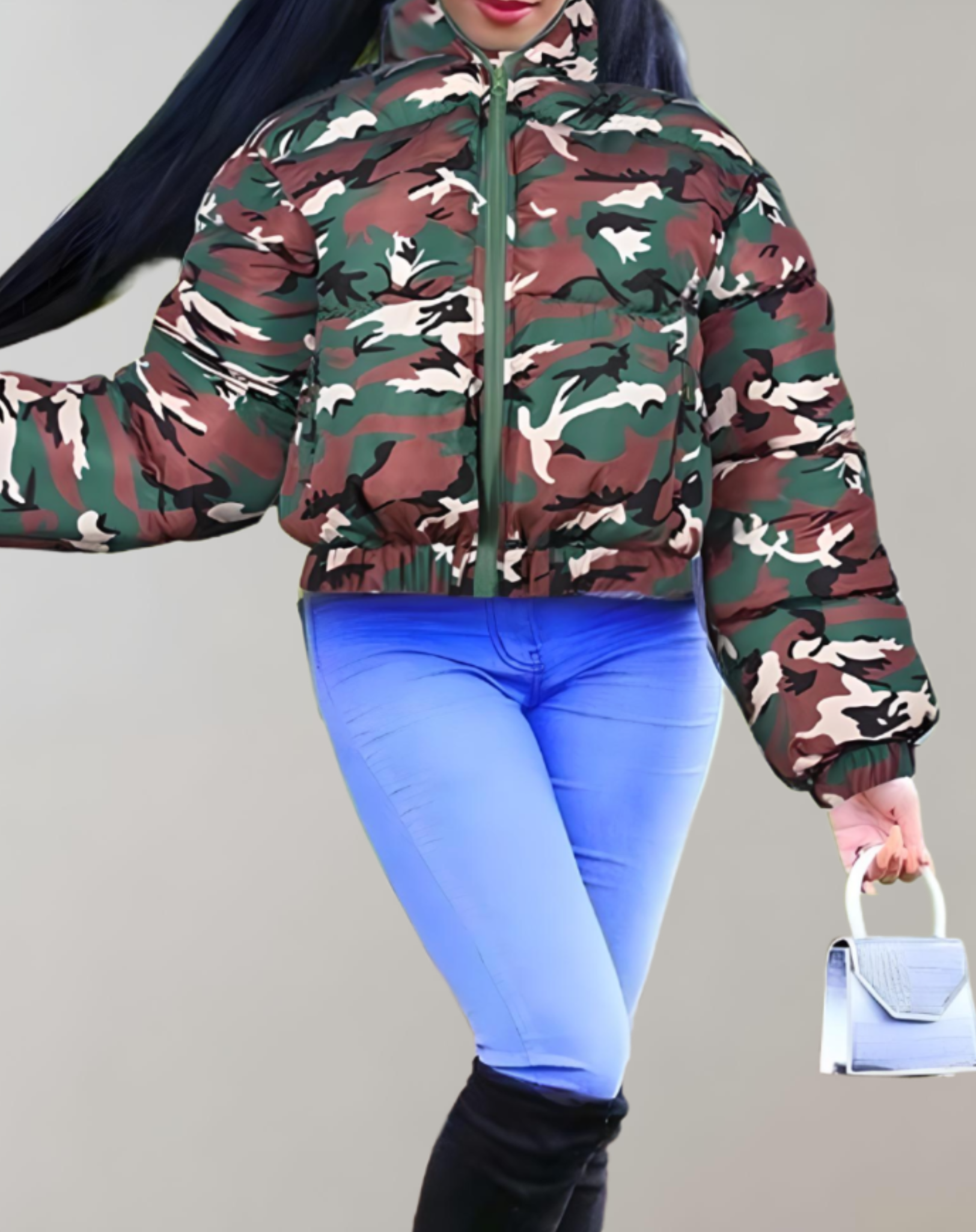 Anna - Manteau d'hiver camouflage chaud et épais avec manches côtelées, encolure haute et fermeture à glissière