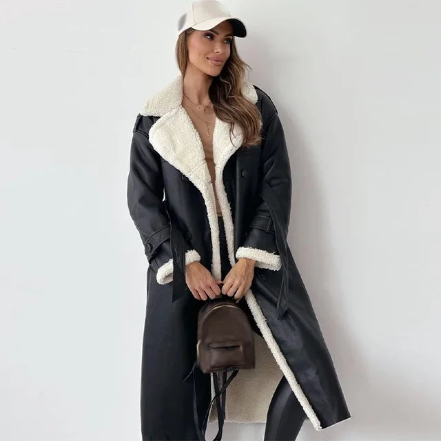 Quitana | Manteau Long à Double Boutonnage, Doublé en Fleece avec Ceinture