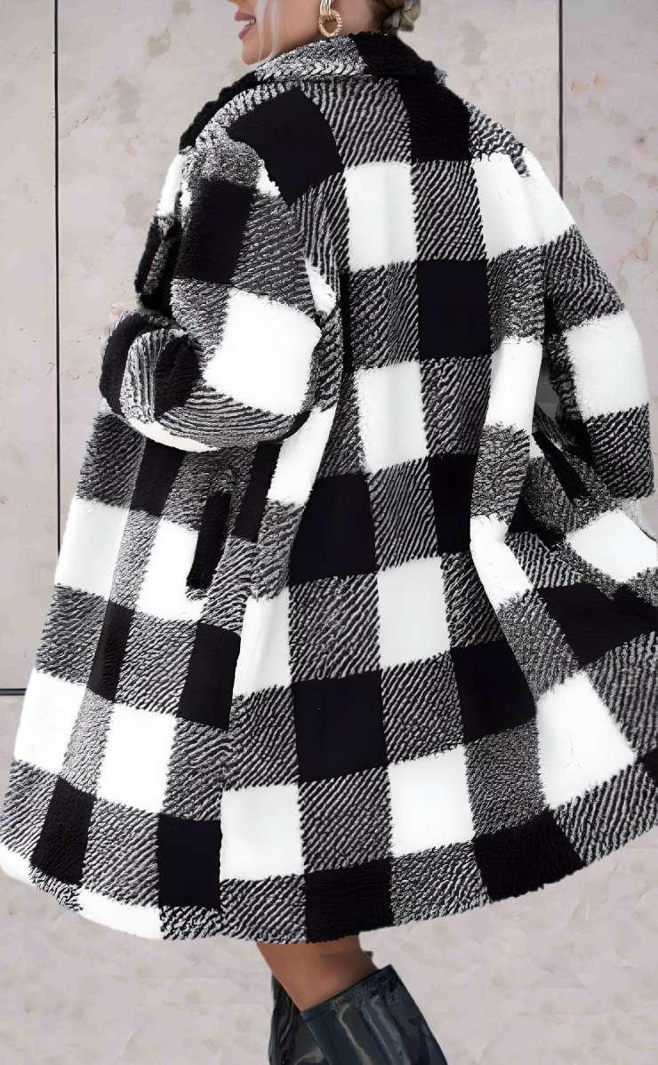 Kai - Veste longue à carreaux noirs et blancs avec col allongé