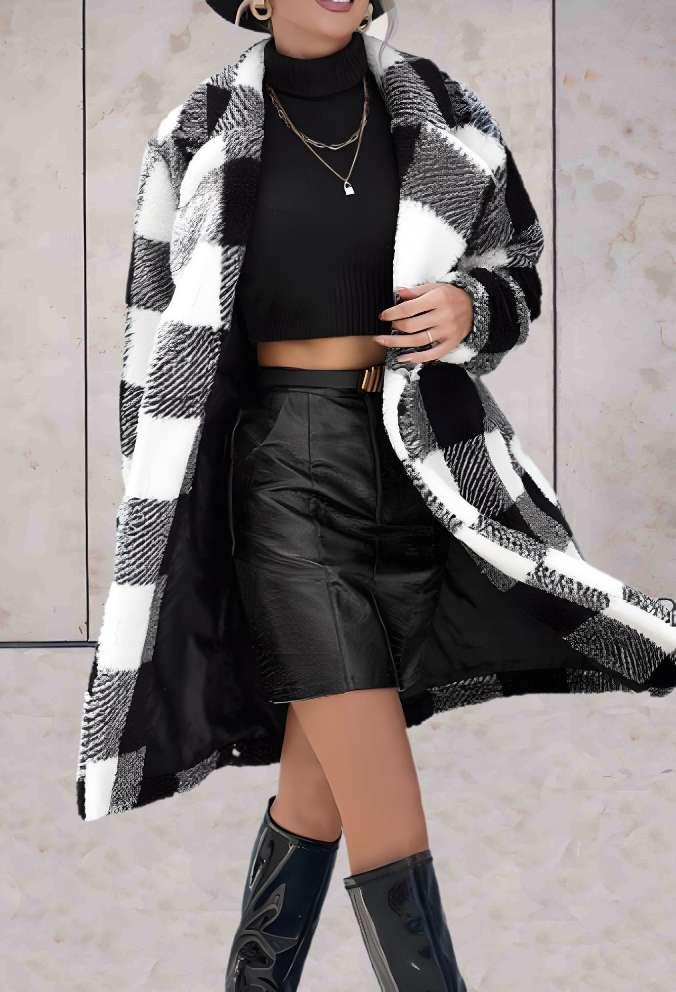 Kai - Veste longue à carreaux noirs et blancs avec col allongé