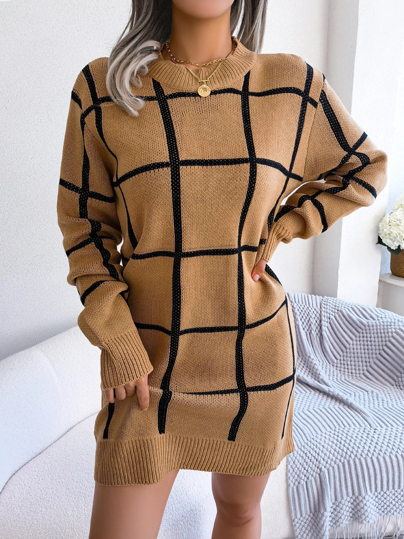 Robe Chic à Carreaux avec Manches Longues - Projet Paris - Élégance Classique
