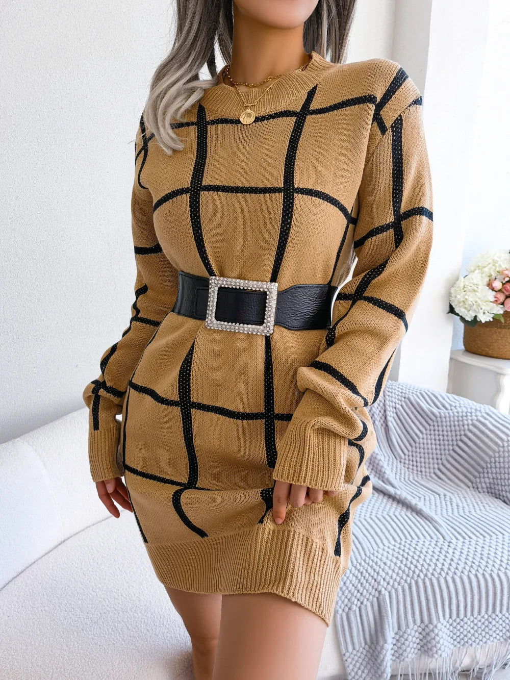 Robe Chic à Carreaux avec Manches Longues - Projet Paris - Élégance Classique