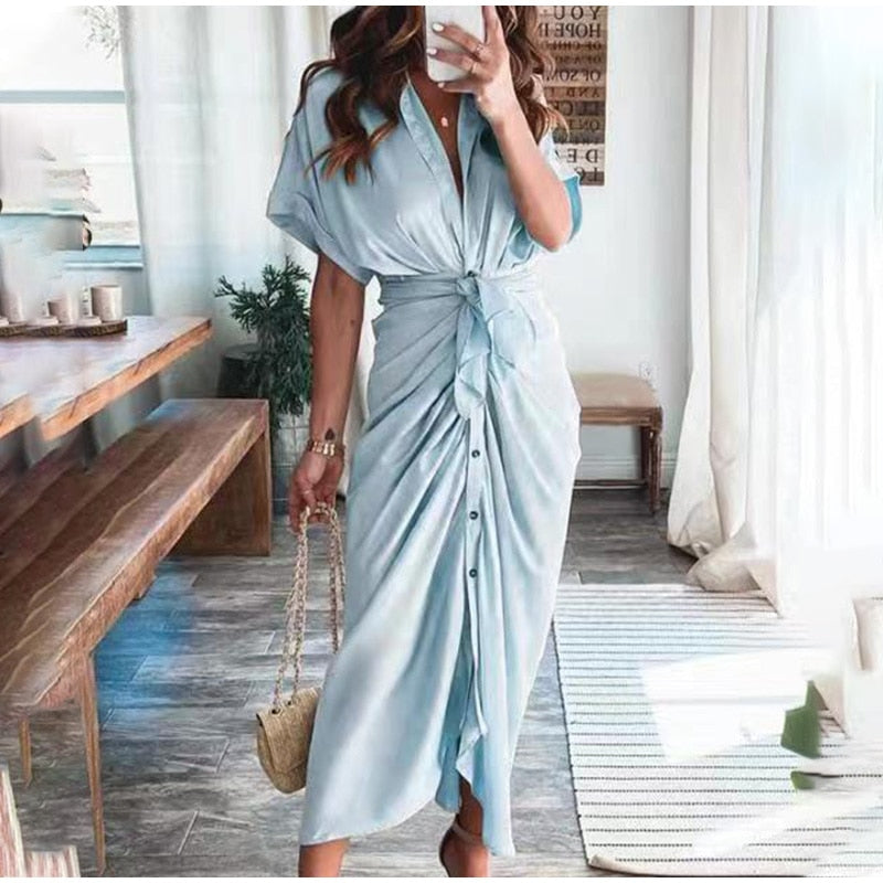 Robe longue à boutons pour femme - Élégance décontractée - Projet Paris - Style intemporel avec une touche de sophistication - Coupe fluide et boutons pratiques