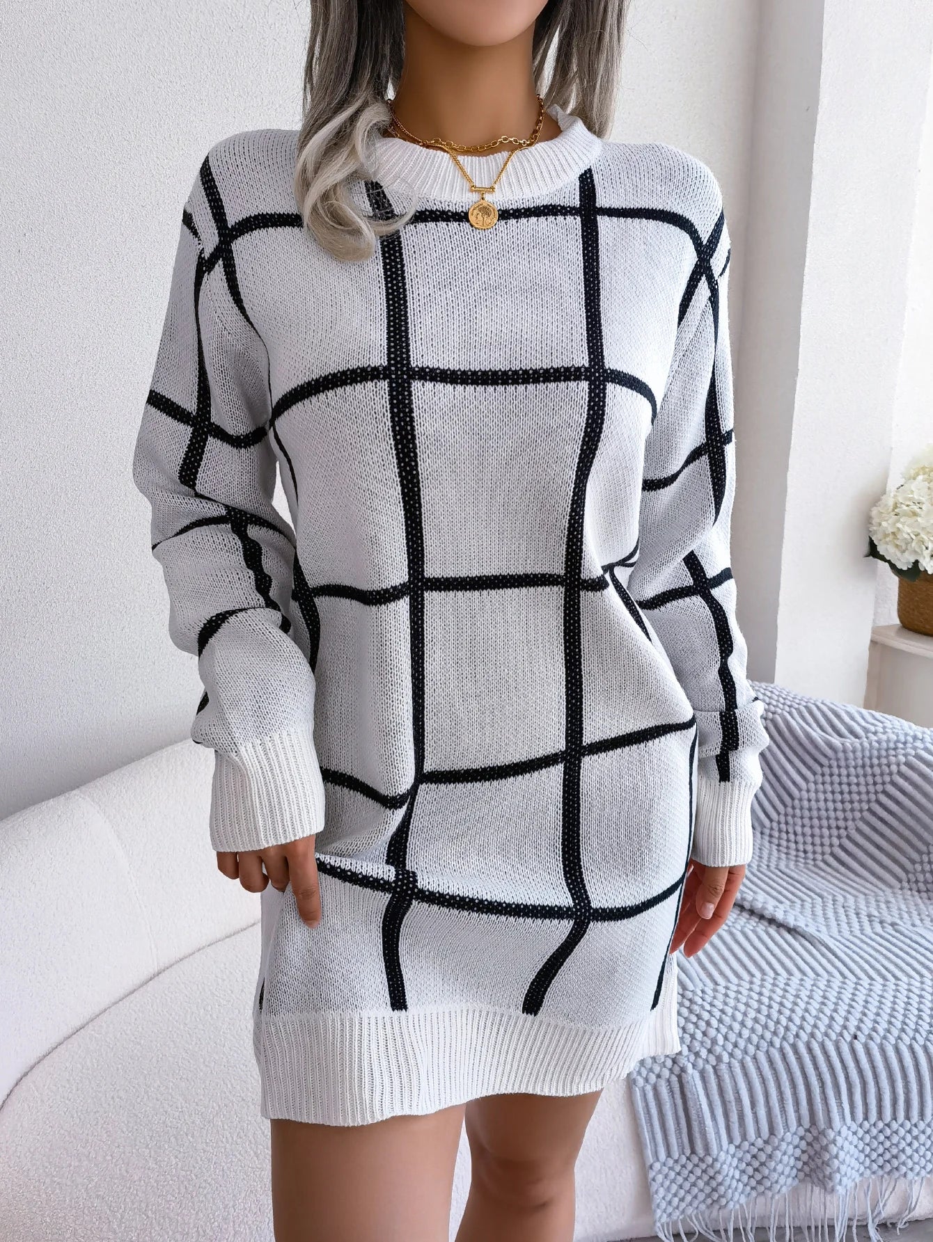 Robe Chic à Carreaux avec Manches Longues - Projet Paris - Élégance Classique