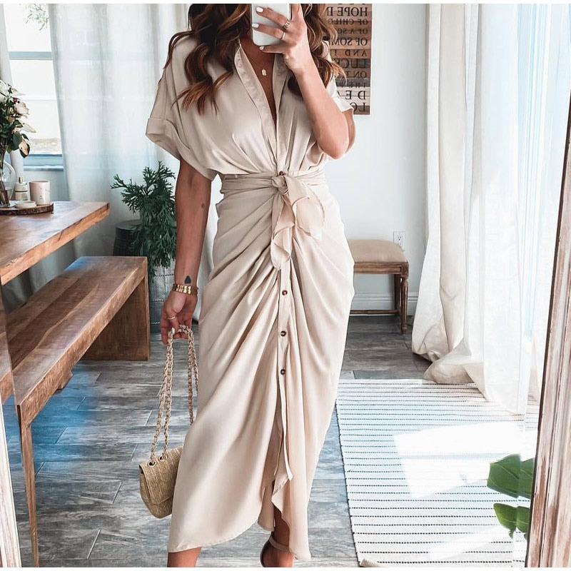 Robe longue à boutons pour femme - Élégance décontractée - Projet Paris - Style intemporel avec une touche de sophistication - Coupe fluide et boutons pratiques