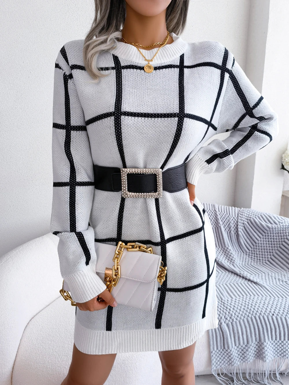 Robe Chic à Carreaux avec Manches Longues - Projet Paris - Élégance Classique
