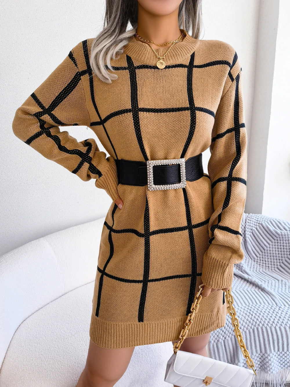 Robe Chic à Carreaux avec Manches Longues - Projet Paris - Élégance Classique