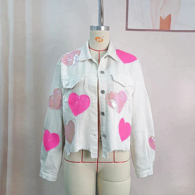 Alessandra - Blouson bombardier en velours côtelé avec cœur en paillettes