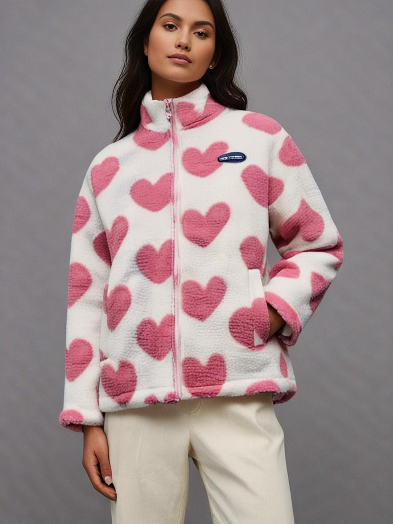 Ombeline | Veste Femme Fleece Réversible à Fermeture Entière et Col Montant, Motif Cœur