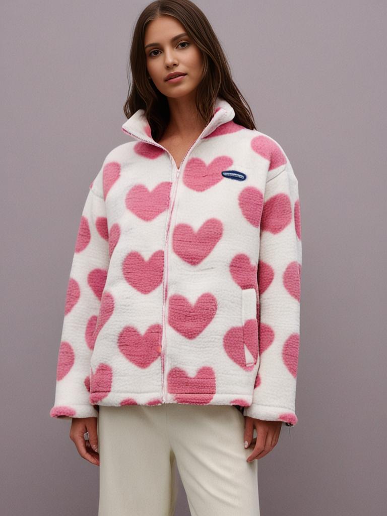 Ombeline | Veste Femme Fleece Réversible à Fermeture Entière et Col Montant, Motif Cœur
