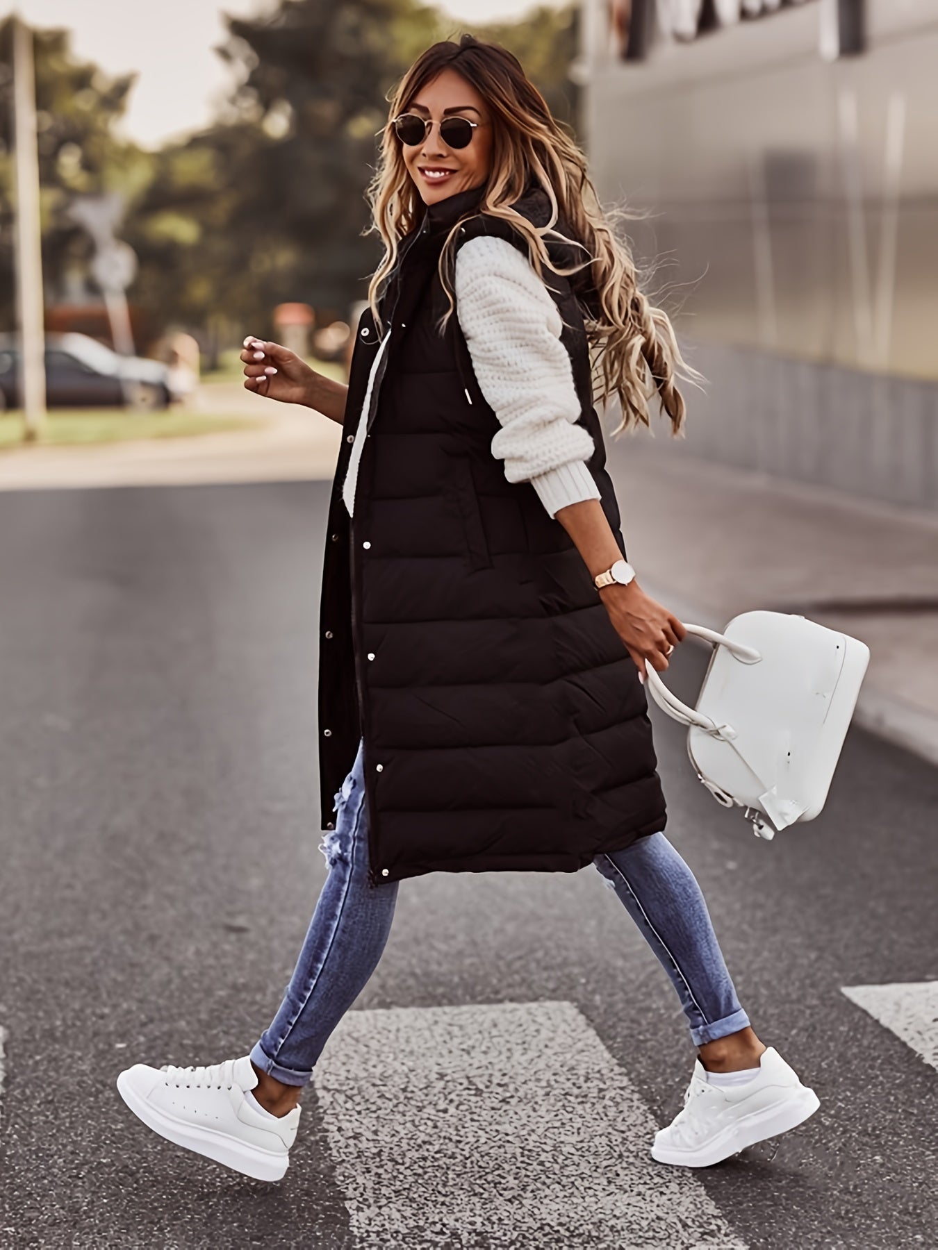 Manteau long sans manches pour femme