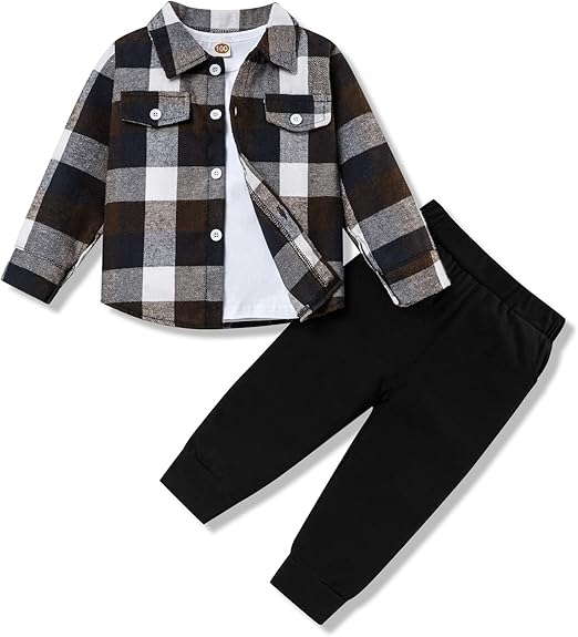 Ensemble élégant 3 pièces pour tout-petit - Chemise en flanelle et pantalon pour tout-petits