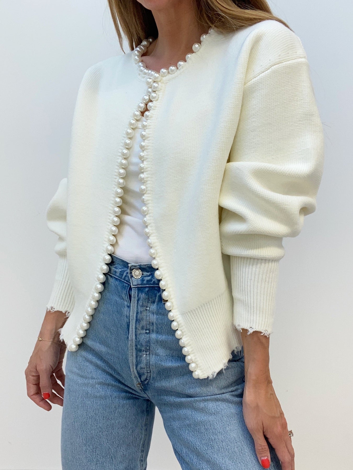 Gilet à Ourlet Effiloché et Bordure de Perles