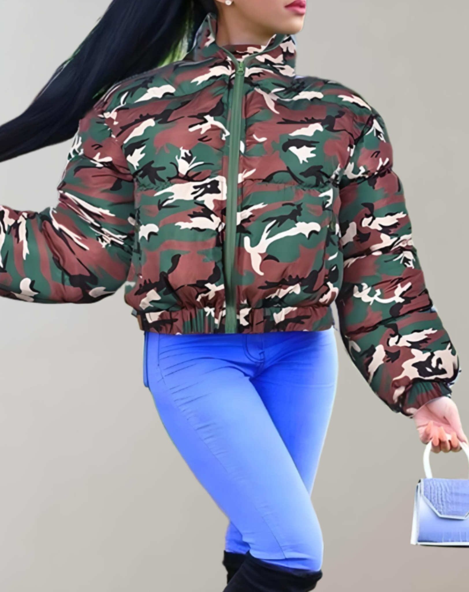 Anna - Manteau d'hiver camouflage chaud et épais avec manches côtelées, encolure haute et fermeture à glissière