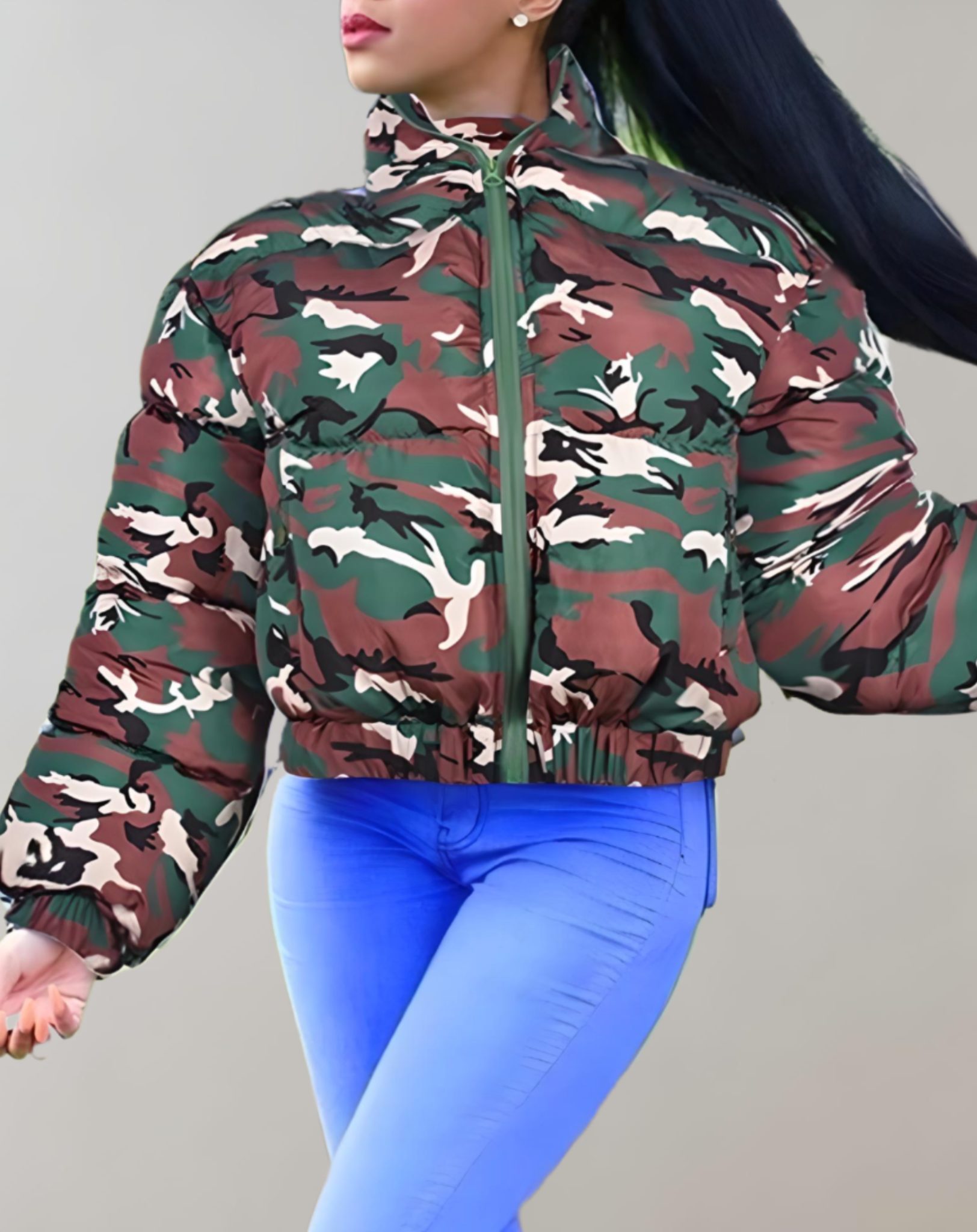 Anna - Manteau d'hiver camouflage chaud et épais avec manches côtelées, encolure haute et fermeture à glissière
