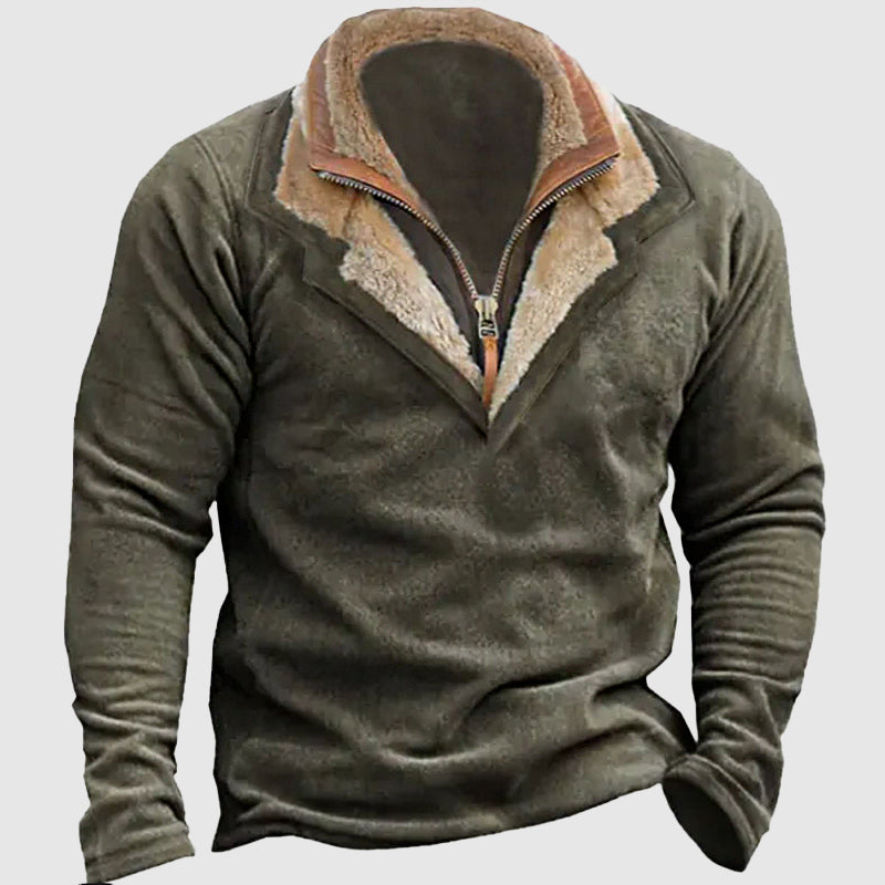 Mireno | Pull Homme en Fleece Vert à Col Double