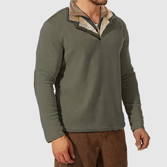 Mireno | Pull Homme en Fleece Vert à Col Double