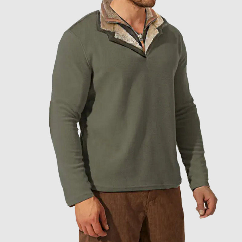 Mireno | Pull Homme en Fleece Vert à Col Double