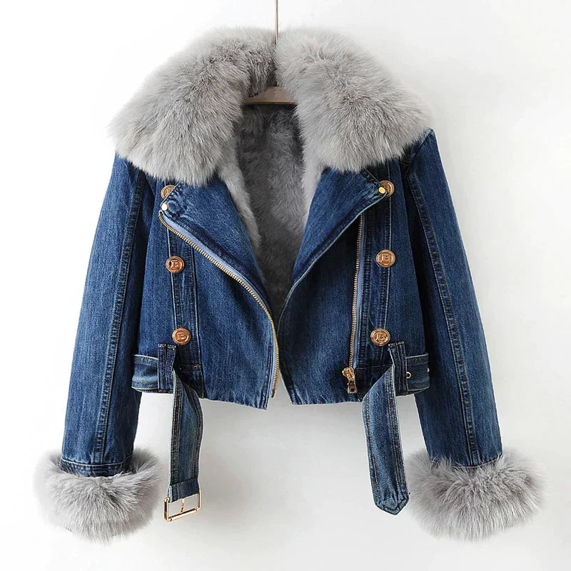 Clarissa - Veste en jean élégante avec doublure en fourrure