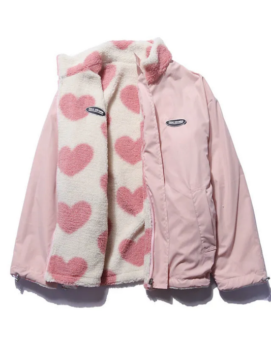 Ombeline | Veste Femme Fleece Réversible à Fermeture Entière et Col Montant, Motif Cœur