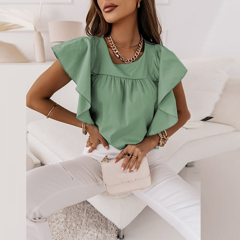 Korrin | Blouse Verte à Manches Volantées Élégante pour Femme
