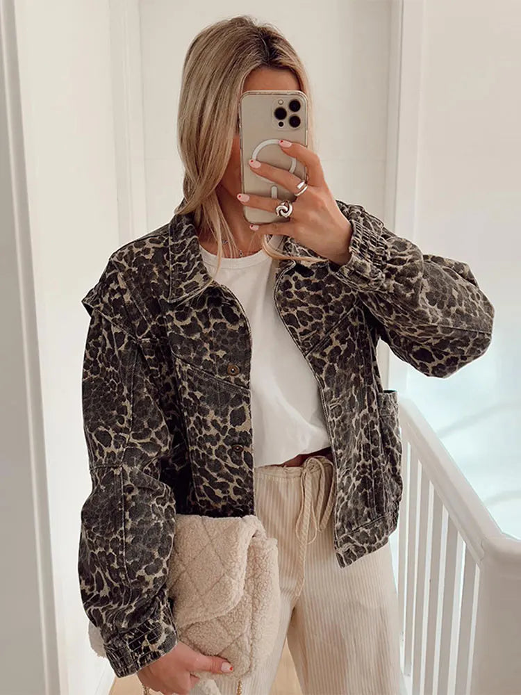 Veste courte à imprimé léopard pour femmes