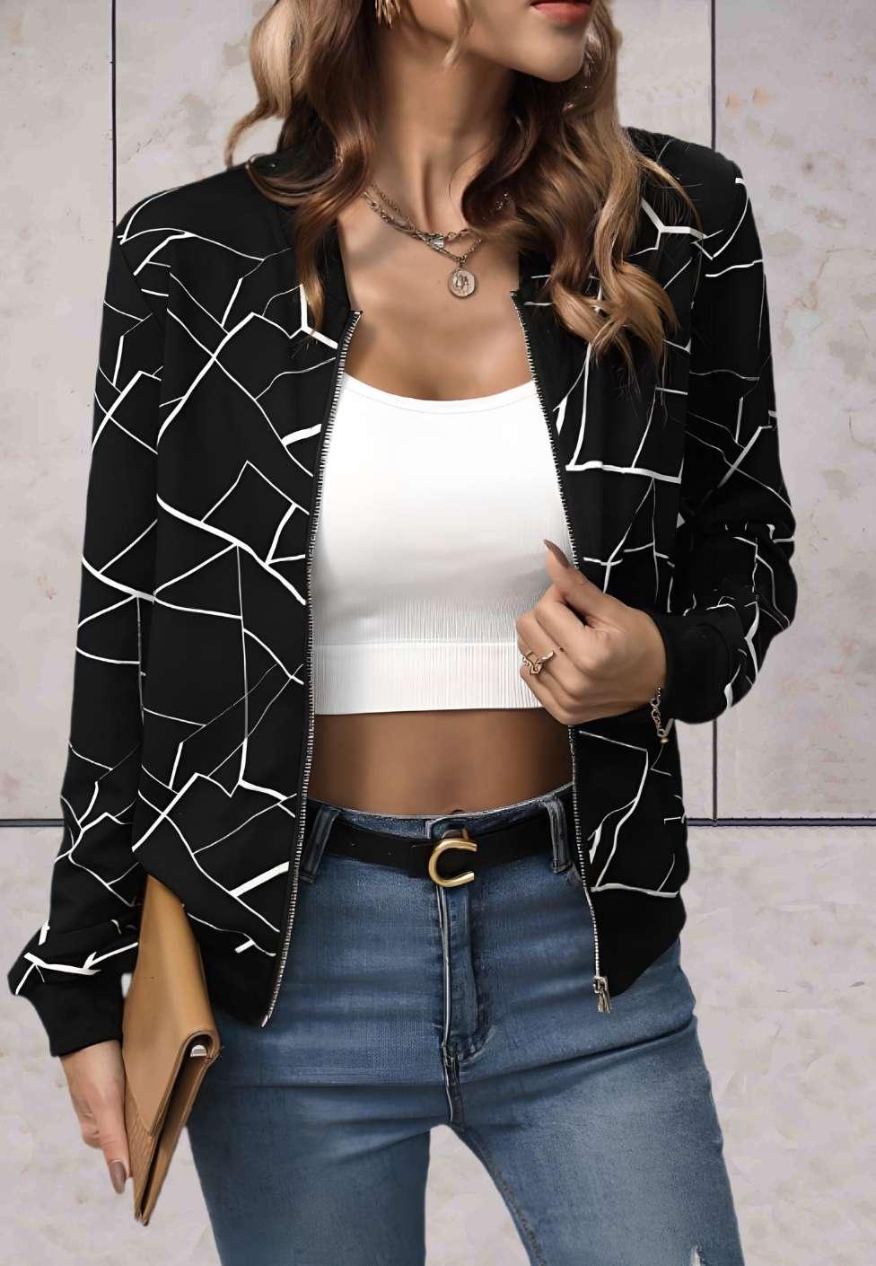 Celestina - veste noire élégante avec doublure en zigzag et fermeture à glissière intégrée