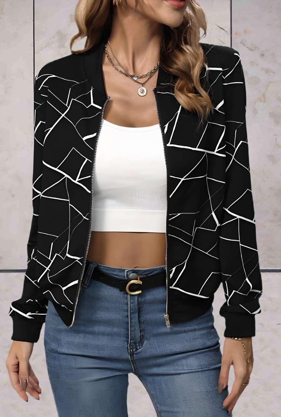 Celestina - veste noire élégante avec doublure en zigzag et fermeture à glissière intégrée