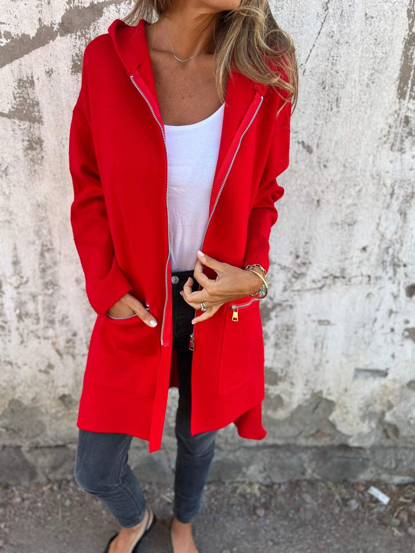 Veste en tricot pour femmes avec fermeture éclair et manches longues