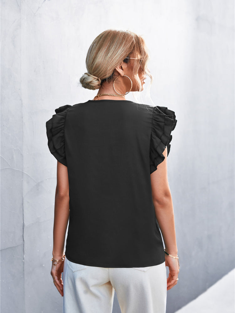 Nanda | Blouse Noire à Manches Chapel et Col en V
